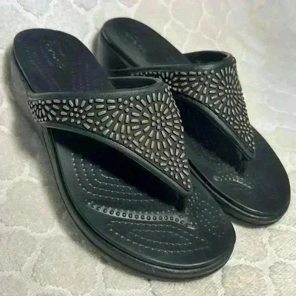 Crocs Monterey Diamante Womens Size 5 Black Flip Flop Wedge Sandals Like New - Picture 3 of 8